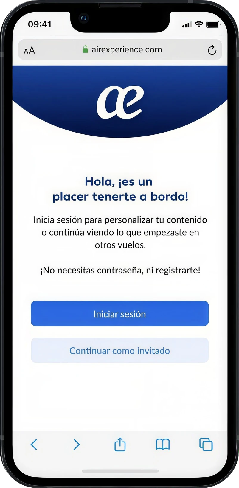 Pantalla de bienvenida de AirExperience