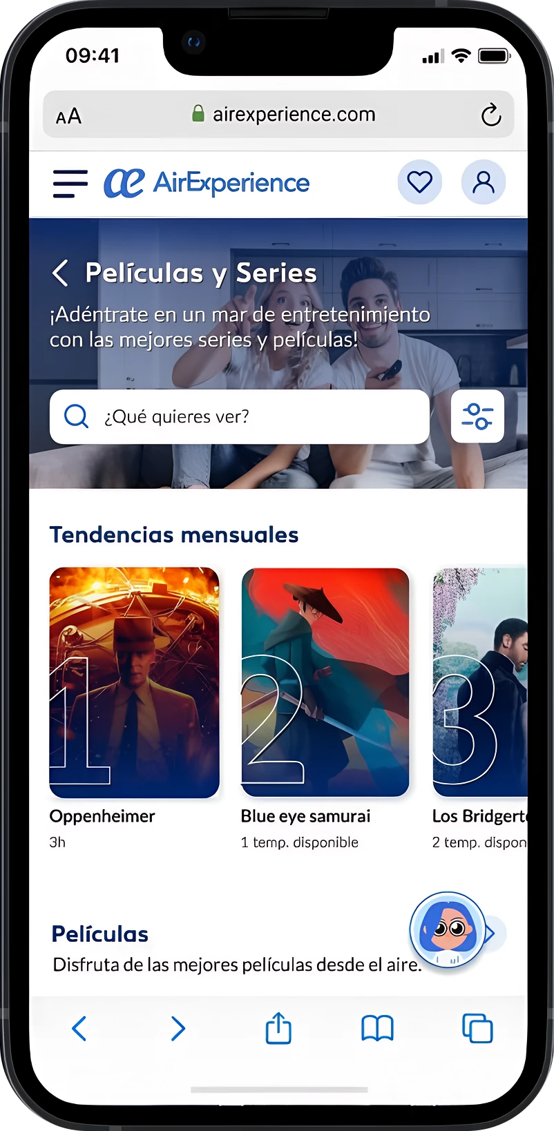 Sección de películas y series de AirExperience